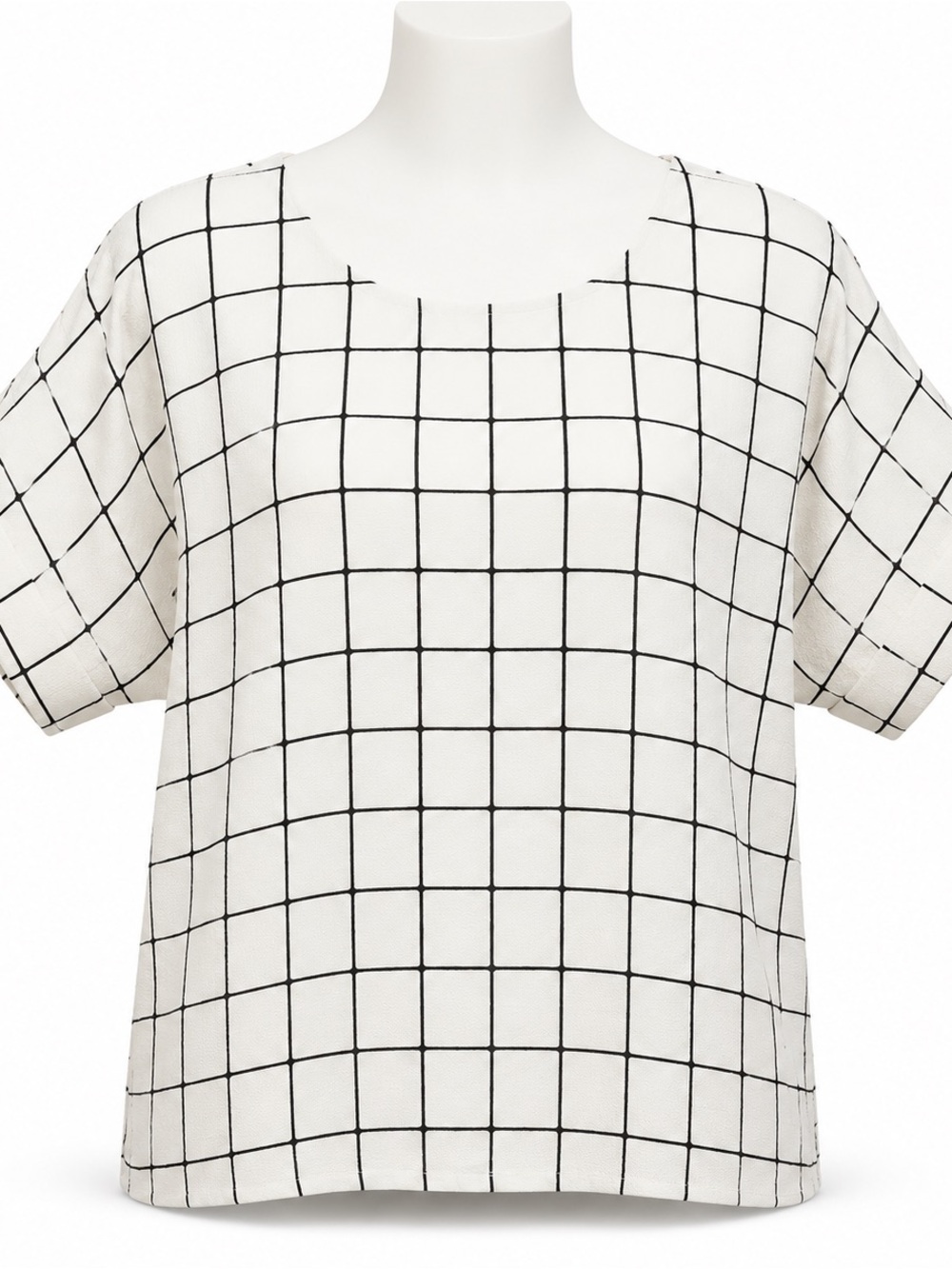 MELLODAY White Short Sleeve Grid Blouse with Black Windowpane